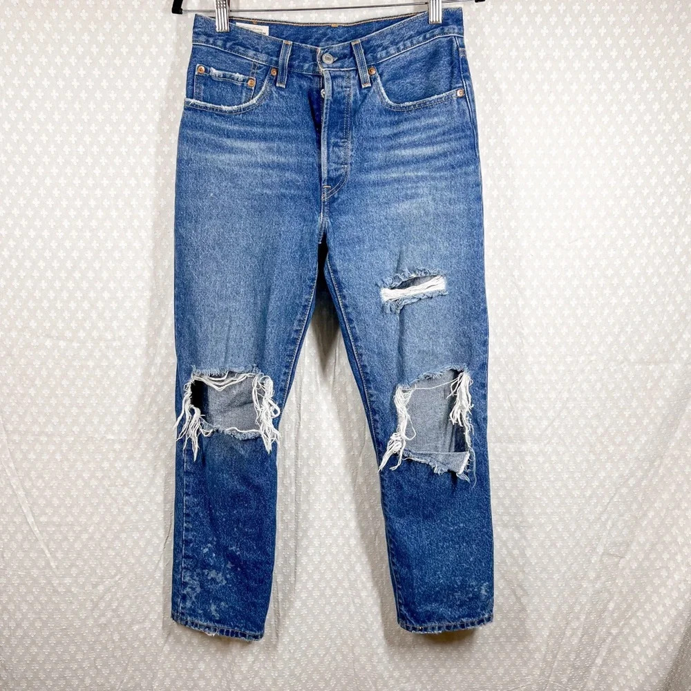 Levi's Premium Dark Wash Distressed 501 High Rise Denim Jeans Classic